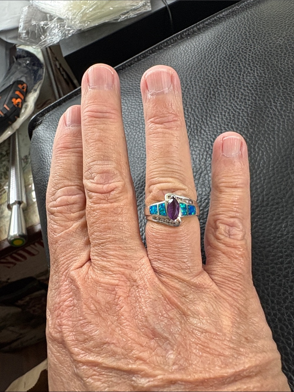 Stunning Sterling Silver Opal & Amethyst Ring With Blue Green Opal Inlay